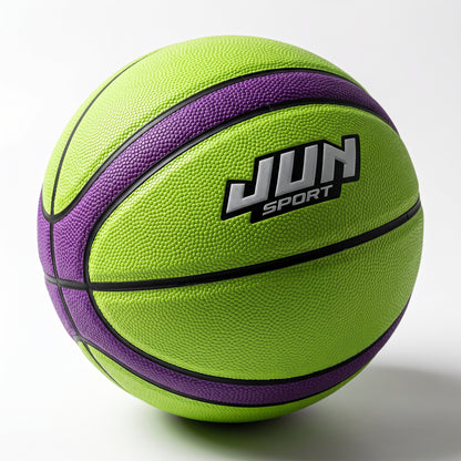 Bóng rổ da mềm Junsport màu xanh lime phối tím, chất liệu da tổng hợp, dùng cho tập luyện bóng rổ